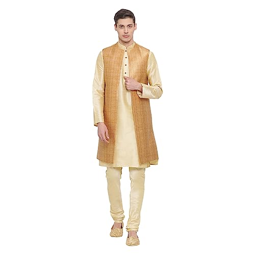 Image of VASTRAMAY Men's Beige Cotton Silk Blend Kurta, Ethnic Jacket and Pyjama Set