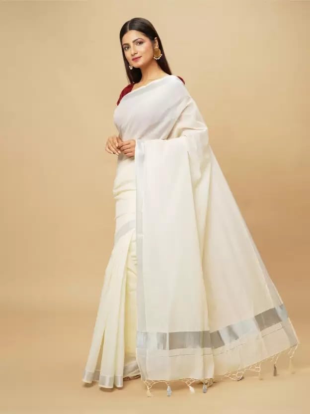 Image of Women's Kerala Off white cotton saree with running blouse| Onam Saree | Vishu Saree | Traditional White Saree