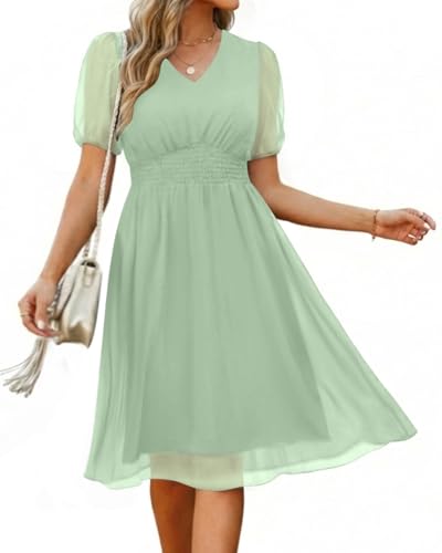 Image of Holipick Women Summer Casual Dress Wedding Guest V Neck Short Sleeves Smocked Waist Chiffon Swing Knee Length Midi Dresses