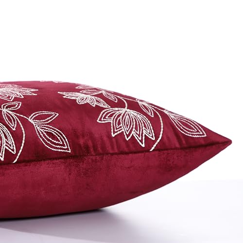 Image of Home - The Best is for You Burgundy Velvet Floral Embroidered Cushion Cover | Pack of 2, 18x18 Inch