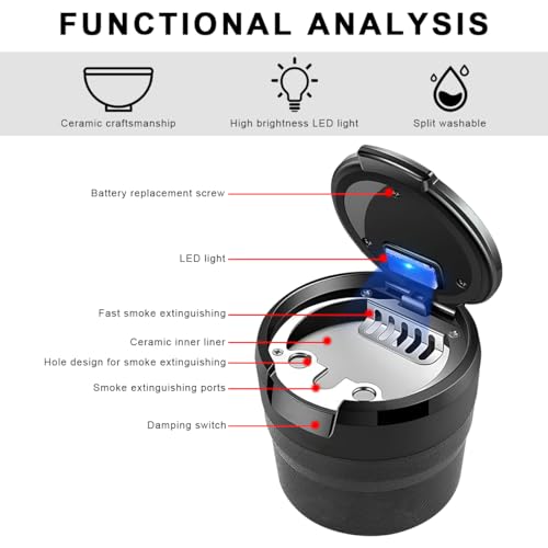 Image of 2 PCS Car Ashtray with Lid, Detachable Auto Smokeless Ash Tray with LED Blue Light, Portable Ashtray for Vehicle Cup Holder and Air Vent Home Office, Interior Car Accessories (Black)