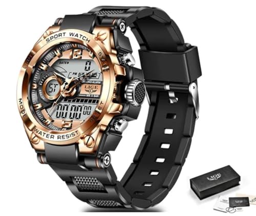 LIGE Men’s Sports Watch Analog Digital – Luxury Waterproof Chronograph Wristwatch with LED Display, Alarm, Stopwatch & Backlight – Casual Fashion Military Style for Men