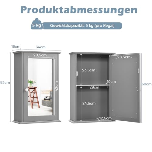 COSTWAY Spiegelkast voor badkamer, 2 verdiepingen hangkast met spiegel, wandkast, badkamerspiegel van hout met 3-traps verstelbare plank en deur, 34 x 15 x 53 cm (grijs) - Afbeelding 3