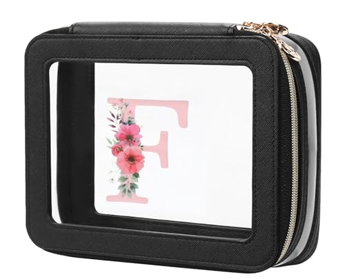 Relavel Personalized Initial Clear Makeup Bag, PU Leather Waterproof Travel Toiletry Bag with Zipper, Portable Skincare Pouch Car Organizer Bag, Idea Gifts for Women Girls, Black F