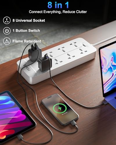 Image of FEDUS Surge Protector, 8 Universal Sockets with MOV, OLP Protection, 5 Meter 16 Feet Long Cable, Extension Board Cord, Automatic Overload Protection, Fireproof Power Strip Switch Board, Spike Guard
