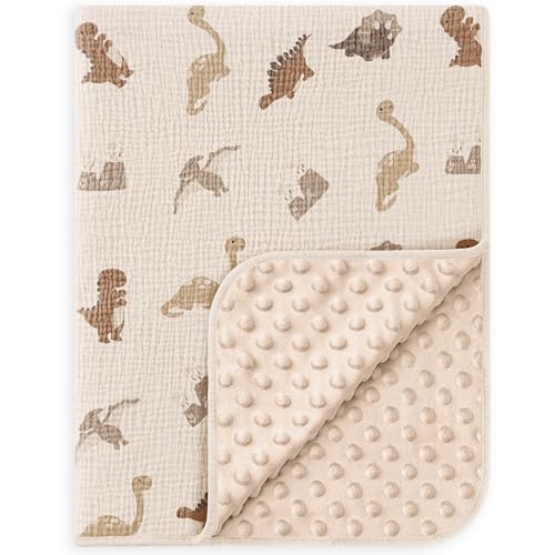 Image of Susurration Baby Blanket for Unisex Boys Girls, Soft Nursery Minky Blanket with Muslin Cotton Front and Dotted Fleece Back, Receiving Blanket for Baby Newborn Infant, 30x40inch (Dinosaur)
