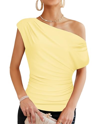 Image of GRACE KARIN One Shoulder Summer Tops for Women Ruched Batwing Asymmetrical Tops Dressy Casual Party Shirts