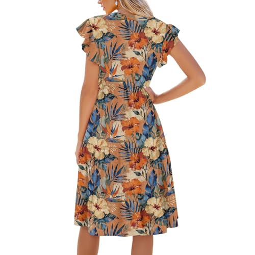 Image of Womens Summer Dress Ruffle Sleeve V Neck Dress Casual Fit Flowy Beach Vacation Sundress with Pocket S-2XL