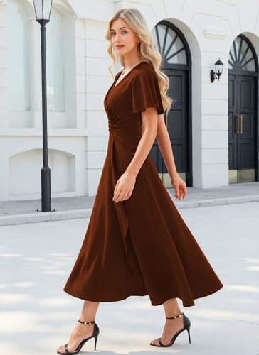 Image of QMZ Wedding Guest Dresses for Women V Neck Cocktail Dress Ruffle Sleeve A Line Evening Party Formal Dresses for Women