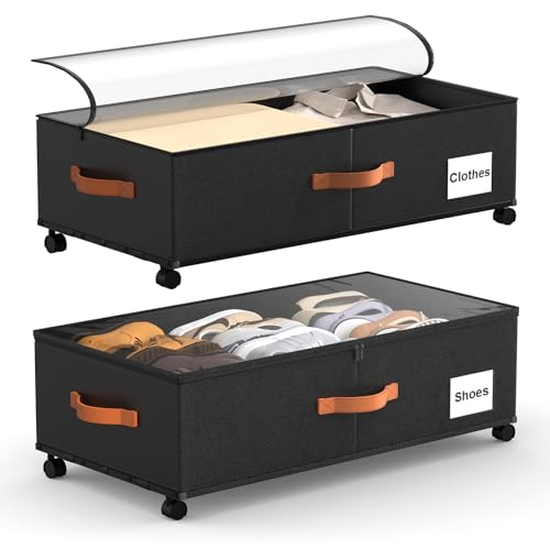 Image of Eastherry Under Bed Storage Containers with Wheels, 9.5 inches Higher Underbed Shoes Blankets Clothes Toy Storage Drawers for College Dorms Bedrooms Nursery Rooms Organization, 2 Pack to be Assembled