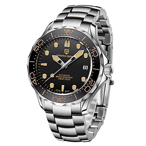 Pagani Design Mechanische Herrenuhr Stundenzeiger Leuchtende Stahl Taucheruhr Japanisches Uhrwerk Saphirglas Kalenderanzeige Fashion Business NH35 Watch 1667 (Stahl schwarz PO-1667)