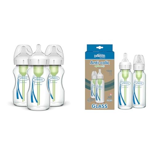 Dr. Brown's Natural Flow Anti-Colic Options+ Wide-Neck Glass Baby Bottles 9 oz/270 mL & Natural Flow Anti-Colic Options+ Narrow Glass Baby Bottle 8 oz/250 mL