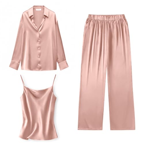 Ekouaer Womens Sleepwear 3 Piece Slik Pajama Sets Soft Loungewear Satin Cami Top and Loose Pant with Pockets Light Pink, Medium