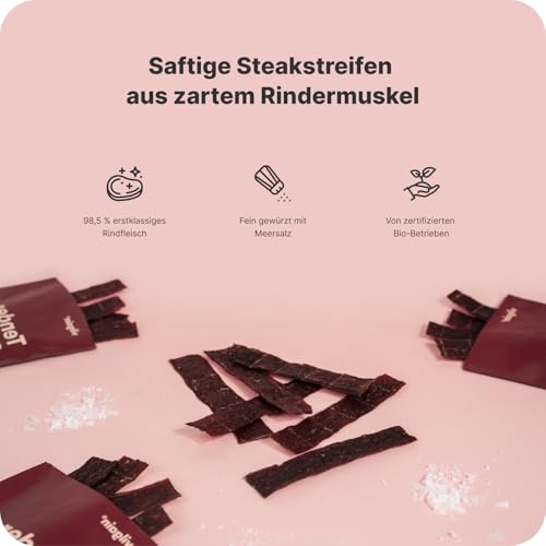 Vilgain Getrocknete Steakstreifen BIO – 25 g, 98,5% hochwertiges Rindfleisch, proteinreich, salziger Snack, ohne Zusatzstoffe, aus zertifizierten Bio-Betrieben, ideal für unterwegs