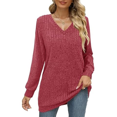 Auremore Womens Sweaters Long Sleeve V Neck Shirts Loose Fit Tunic Fall Clothes Red Cover
