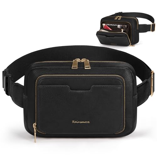 Image of RAINSMORE Fanny Packs for Women, Leather Belt Bag Waterproof Everywhere Crossbody Waist Pack with Adjustable Strap Retro Sling Chest Bag for Work Running Travel Party, Black
