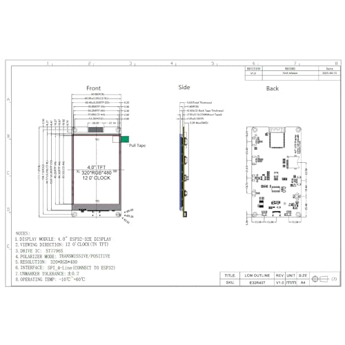 Image of ESP32 4.0inch ESP32-32E LCD Display WiFi+BLE Module E32R40T 320x480 ST7796S 4.0 inch TFT Resistive Touchscreen for Arduino ESP LVGL /GUI