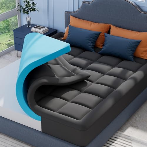 ELEMUSE Gray Memory Foam Mattress Topper with Fluffy Pillow Top Cover, Mattress Topper Double Bed for Back Pain Relief, with OEKO-TEX & CertiPUR-US (Double Size-135x190cm)