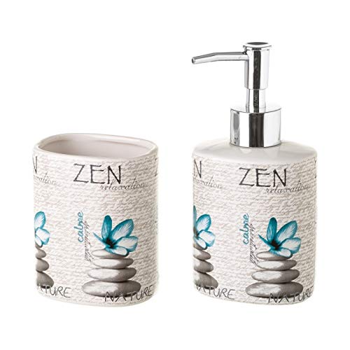 Dispensador y portacepillos Zen de cerámica Azules orientales para Cuarto de baño Sol Naciente