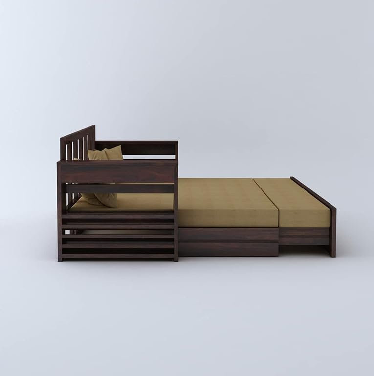 Image of Solid Sheesham Wood Sofa Cum Bed 2 Seater | Wooden Foldable Double Bed for Living Room with Headboard & Storage | Bed Cum Sofa with Mattress for Home | Dalla Design (Walnut Finish)