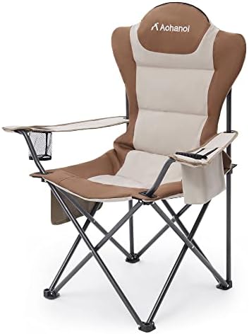 Aohanoi Camping Chairs for Heavy People, Folding Chairs for Outside Outdoor Folding Chairs with Cup Holder & Cooler Bag, Camp Chairs Supports up to 300lbs (1 PC, Khaki)