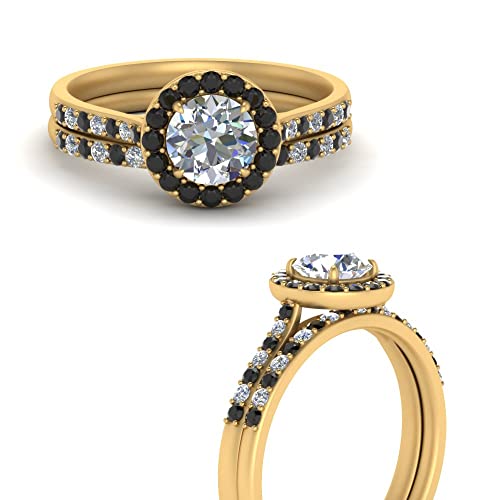 Image of Choose Your Gemstone Round Halo Ring with Matching Pave Band Yellow Gold Plated Round Shape Wedding Ring Sets Everyday Jewelry Wedding Jewelry Handmade Gifts for Wife US Size 4 to 12