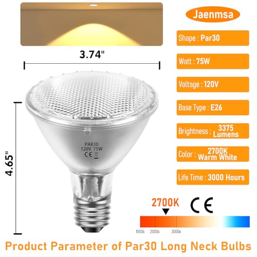 75W Par30 Halogen Flood Light Bulbs 120V,Par30 Long Neck Halogen Bulbs E26 Base,Dimmable 2700K Warm White Halogen Light Bulb 6 Pack for 5-6in Recessed/Ceiling Cans/Accent/Tracking Lighting