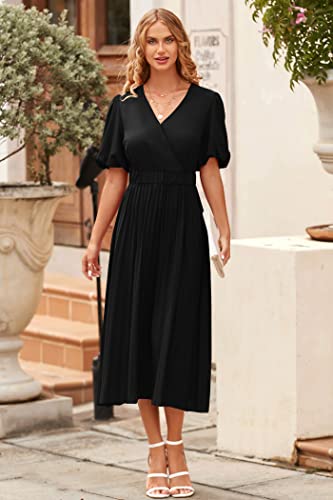 Prettygarden Women's Summer Pleated Midi Dress Wrap V Neck Puff Sleeve Casual Chiffon A Line Flowy Dresses (Black,Large) #TOP7