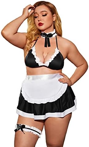WDIRARA Women's Plus Size Maid Costume Cosplay Backless Lingerie Set with Apron and Skirt Black and White 3XL