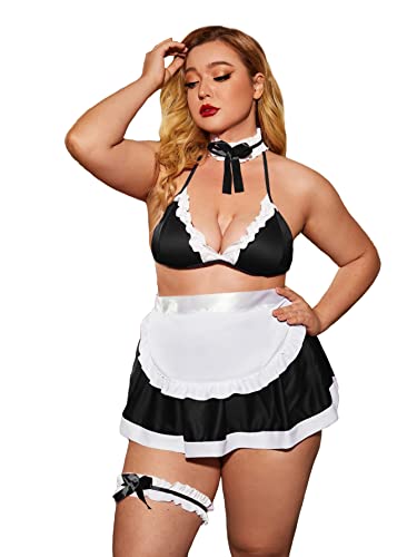 Wdirara Women's Plus Size Maid Costume Cosplay Backless Lingerie Set With Apron And Skirt Black And White 3Xl #TOP3