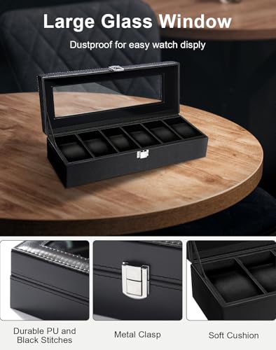 Uten Boîte à Montres 6 Compartiments, Coffret à Montres en PU, Couvercle en Verre, Coffret de Rangement pour Montres, Doublure en Velours Marron, Idée Cadeau – vue 3