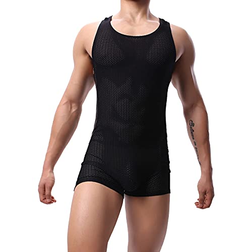Men's Mesh Tank Top One Piece Striped Waistband Wrestling Singlet Bodysuit Jumpsuit Leotard Mini Boxer Briefs4
