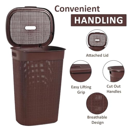 Image of 70 Ltr Plastic Big Laundry Basket for Clothes with Lid & Carry Handles | Lightweight & Ventilated Design Cloth Basket - Ideal for Home Organization and Storage | Brown