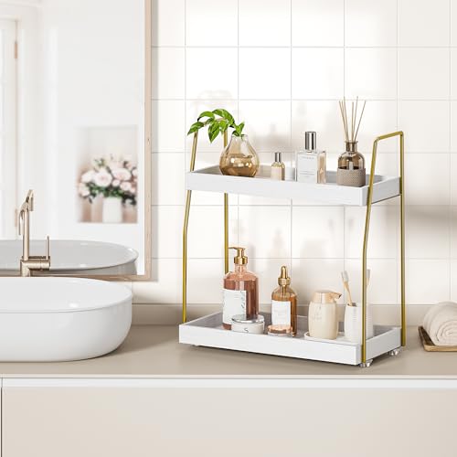 Image of Bathroom Countertop Organizer, Counter Organizer for Bathroom Decor | Wooden Sink Shelf for Vanity Storage, Makeup Tray for Perfume Skincare Bedroom Kitchen Coffee Bar (2 Tier, White and Gold)