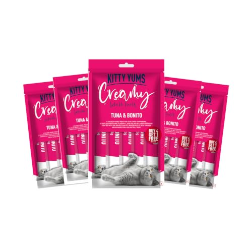 Kitty Yums Kitten & Adult Creamy Lickable Cat Treat (75g x 5 Pouches) Total 375g | Tuna & Bonito Flavour | Creates a Better Bond | Antioxidants Boost 