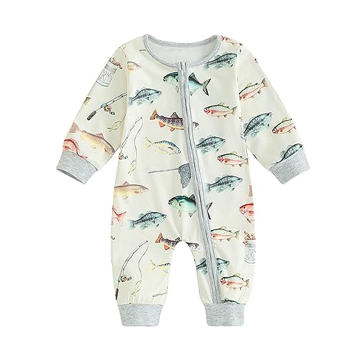 MAINESAKA Baby Boys Girls Fishing Outfit Infant Cotton Zipped Romper Summer One-piece Jumpsuit Newborn Coming Home Clothes (A Fish, 0-6 Months)
