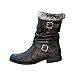 Femmes Bottes Motardes Cuir Mi-Mollet Classique Bottines Mustang Boucles Bottes Hiver Neige Chaudes Fourrure Plats Chaussures Décontractée
