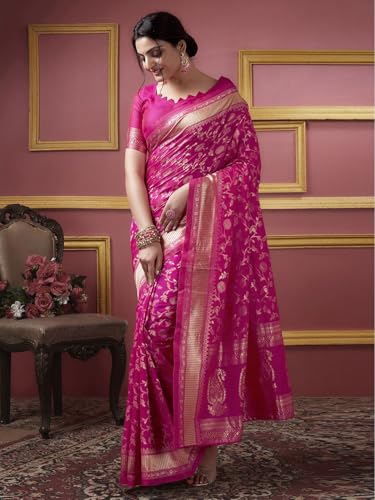 Image of Women's Banarasi Saree Pure Kanjivaram Silk Saree Soft New Ladies Design Wear Pattu Sarees Cotton Party Sari Collections With Blouse Piece For Wedding Sadi, Pink