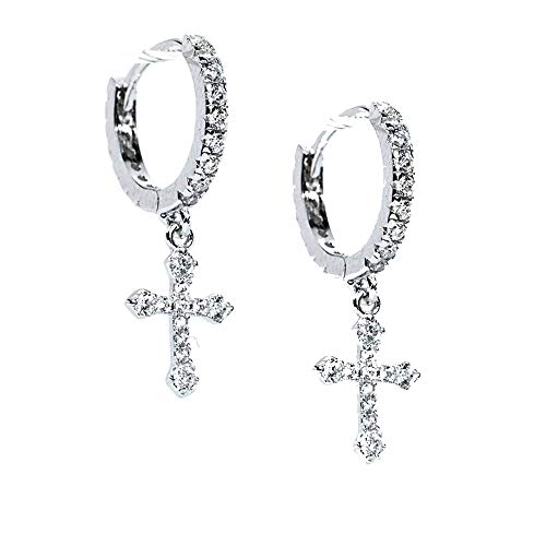 Men's 925 Sterling Silver Dangle Cross Drop Huggie Hoop Earrings