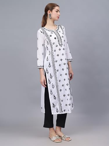Image of Seva Chikan Hand Embroidered Lucknowi Chikankari Cotton Straight Kurta for Women SCL4567