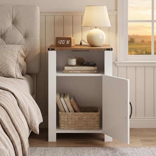 Image of VECELO Farmhouse Nightstand with Charging Station, Rustic Wooden Bedside Table,End Table with Open Shelf & Hidden Storage Cabinet for Bedroom, Living Room, White