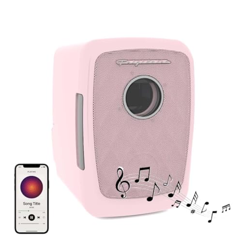 Image of Frigidaire Pink Mini Personal Fridge Cooler, 1 Gal Capacity fits Six Cans, Includes Plugs for Home Outlet & DC Charger, BUILT IN BLUETOOTH SPEAKER