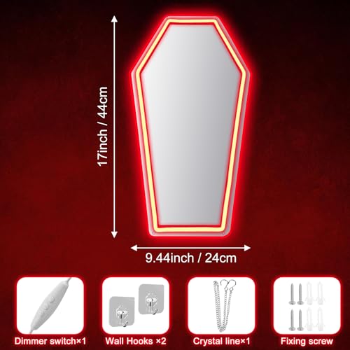 Image of Coffin Mirror Neon Sign, Coffin Neon Signs for Wall Decor, Goth Neon Sign Gift for Goth Lovers, Coffin Make-up Mirror Whimsical Goth Home Decor 17″x9.44″