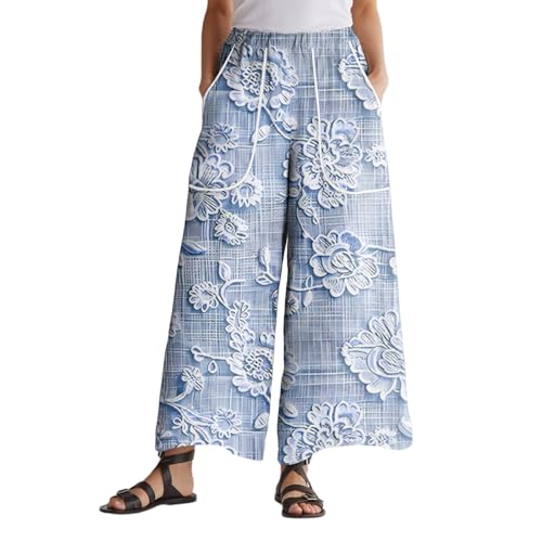 Women's Solid Color Trousers Wide Leg Summer Elastic Waist Patchwork Edge Large Pockets Long 2025 Casual Pants