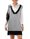 HOTOUCH Women's Sleeveless Sweater Vest Dress Short 2025 Fall Winter Knit V Neck Pullover Sweater Vest Casual Loose, Houndstooth Small
