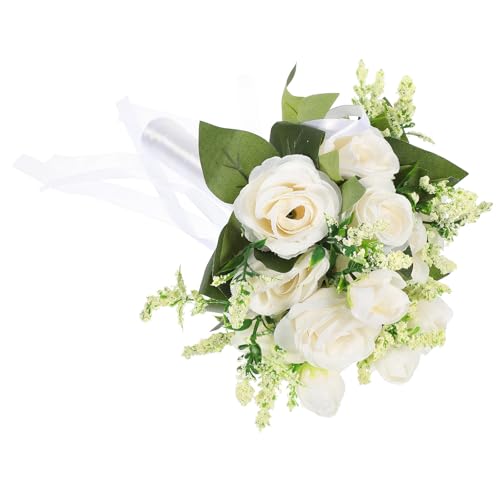 BCOATH Ramo de Novia Artificial Blanco Rosas Realistas de Tela y Plástico, Decoración Elegante para Bodas y Obsequio Especial en Fiestas y Eventos