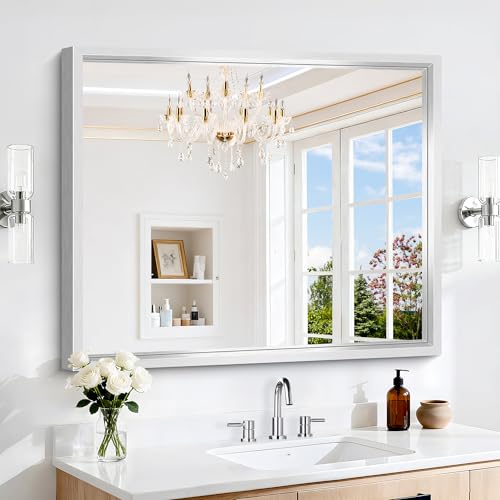 Image of 36x30 Silver Bathroom Mirror, Brushed Silver Rectangular Mirror for Wall, 0.6 inch Thickened Deep Frame Mirrors for Bathroom Sink, Shatterproof Tempered Glass, Antirust, Horizontally or Vertically
