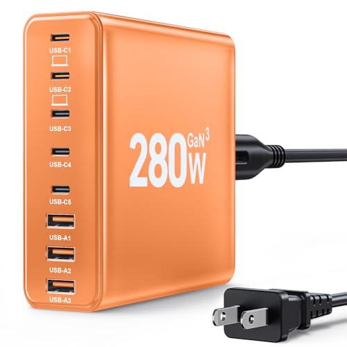 280W USB C Charger Block, 8-Port USB C Charging Station GaN III PD 65W Laptop Charger Adapter Compatible with MacBookPro/Air,DELL,iPad,Portable Charging Station for iPhone,Samsung Galaxy(Orange)