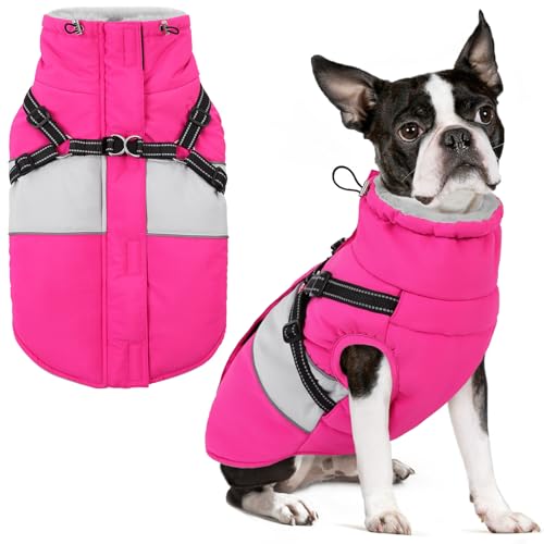 SUNFURA Dog Winter Coat, Waterproof Dog Coat Jacket with Harness for Medium Dogs Boys Girls, Reflective Fleece Lined Pet Snow Jacket Sweaters for Pug, Jack Russel, Boston Terrier, Hot Pink M