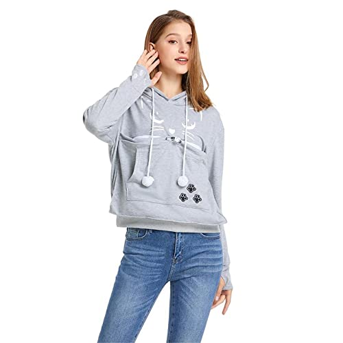 ALYC Unisex Hoodies Pet Holder Cat Dog Kangaroo Pouch Carries Pullover with Cat Printing Sweatshirt (Light Grey XXXL)